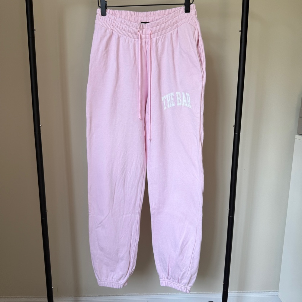 The Bar Varsity Fleece Sweatpants in Blush Light Pink and White